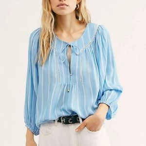 Free People Wrapped In Rhythm Blouse Striped Pattern Crochet Tie Top Blue S